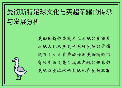 曼彻斯特足球文化与英超荣耀的传承与发展分析