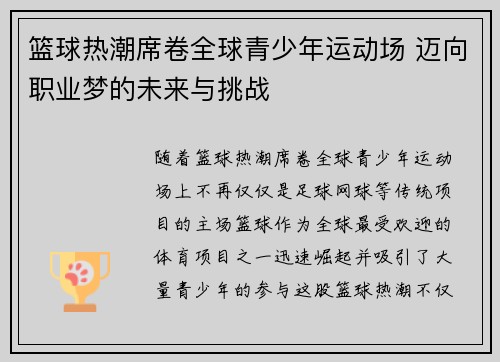 篮球热潮席卷全球青少年运动场 迈向职业梦的未来与挑战