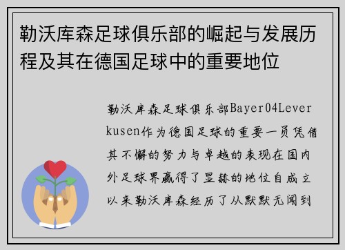 勒沃库森足球俱乐部的崛起与发展历程及其在德国足球中的重要地位