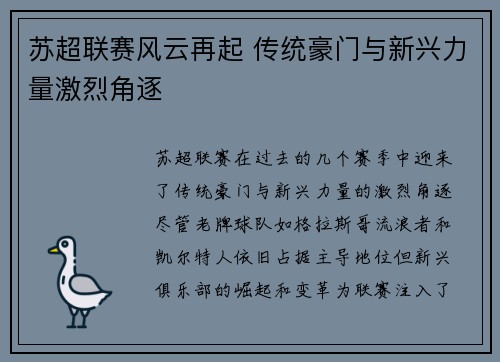 苏超联赛风云再起 传统豪门与新兴力量激烈角逐