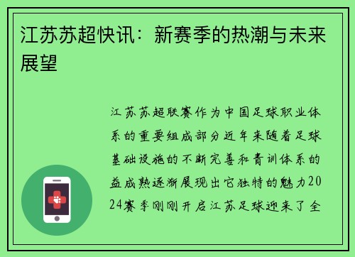 江苏苏超快讯：新赛季的热潮与未来展望