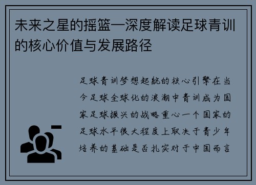 未来之星的摇篮—深度解读足球青训的核心价值与发展路径