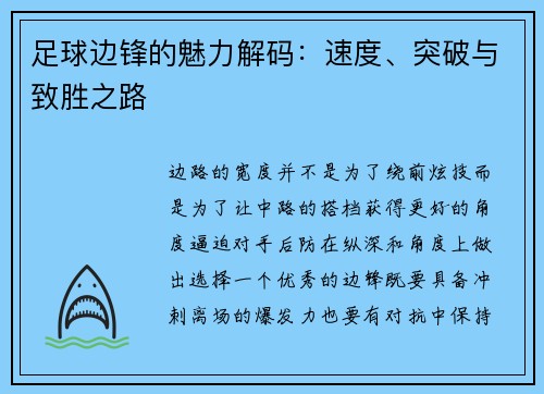 足球边锋的魅力解码：速度、突破与致胜之路